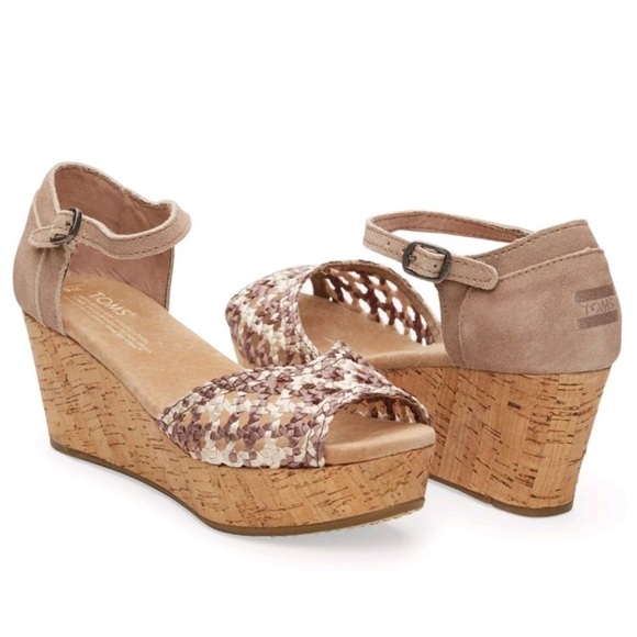 Tom's Stucco Satin Woven Peep Toe Platform Wedges Womens Size 9 - Picture 1 of 15